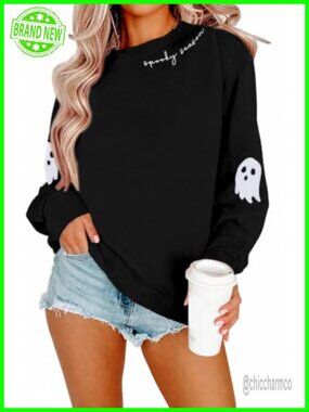 Spooky Season Ghost Graphic Sweatshirt Women Crewneck Long Sleeve Pullover
